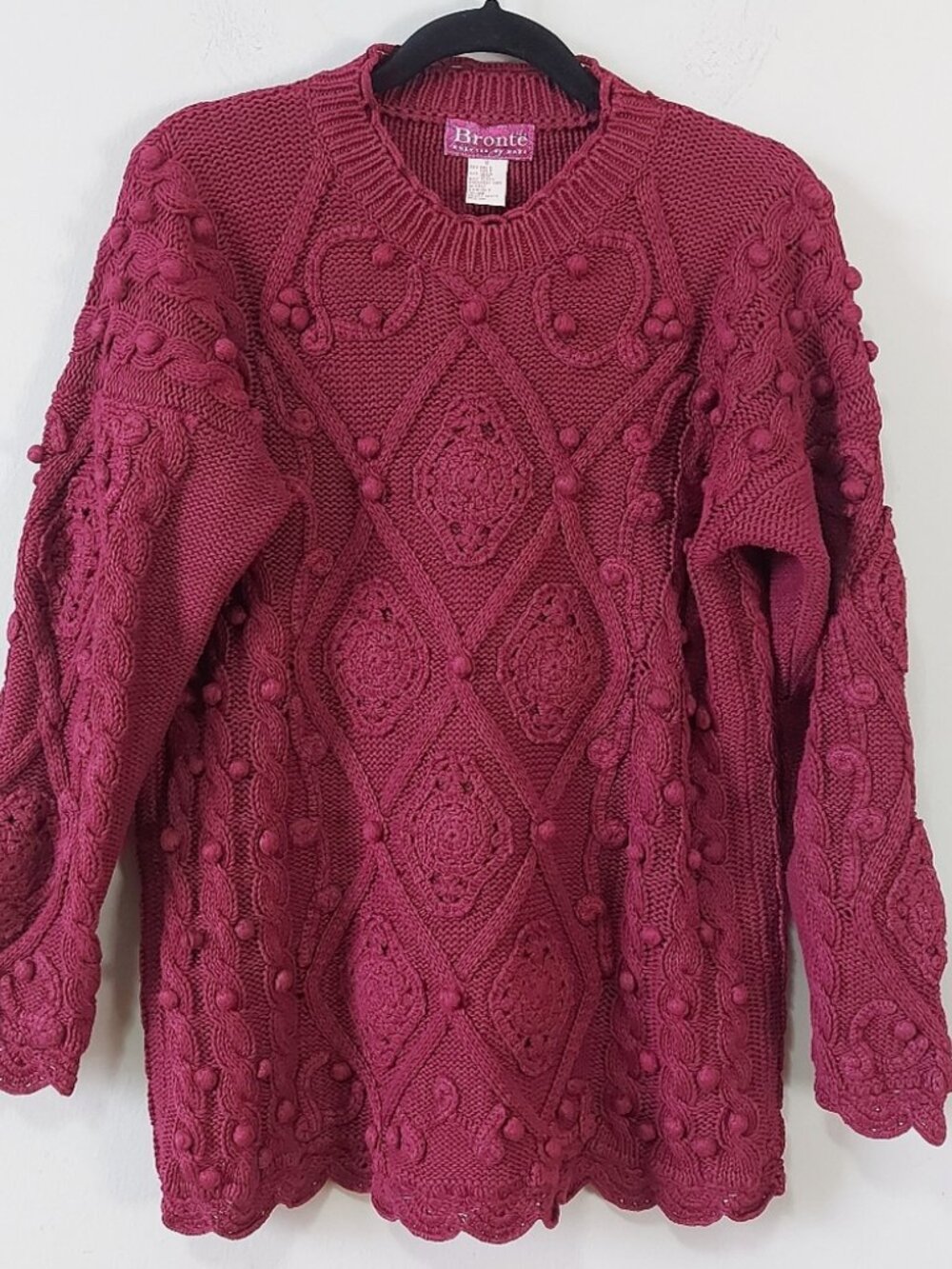 Bronte Women Retro Cotton Cable Hand Knit Sweater Small Burgundy Chunky Stretch